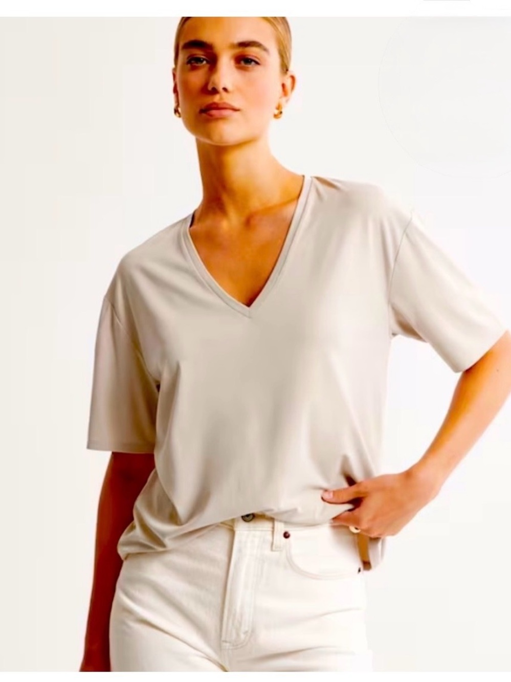 Abercrombie & Fitch Sandwash Jersey V-Neck Tee | Light Brown Beige V-Neck Size M